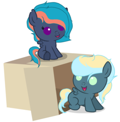 Size: 1896x1932 | Tagged: safe, artist:ashakalovsky, artist:iheartpop30, oc, oc:blitz, oc:storm, pony, baby, baby pony, base used, blank flank, brother and sister, cardboard box, colt, dot eyes, duo, female, filly, male, offspring, parent:rainbow dash, simple background, white background