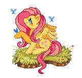 Size: 161x154 | Tagged: safe, artist:cutgut, fluttershy, butterfly, pegasus, pony, g4, butt fluff, cute, ear fluff, female, flower, grass, looking up, mare, partially open wings, pixel art, profile, shyabetes, sitting, smiling, solo, wings