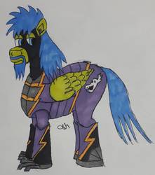 Size: 1154x1306 | Tagged: safe, artist:rapidsnap, oc, oc only, oc:rapidsnap, pony, armor, battle armor, clothes, costume, facial hair, goatee, shadowbolts, shadowbolts costume, solo, traditional art