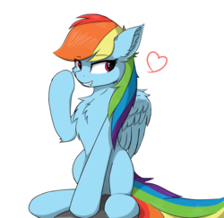 Size: 3500x3414 | Tagged: safe, artist:d.w.h.cn, rainbow dash, pegasus, pony, g4, chest fluff, ear fluff, female, floating heart, heart, high res, looking at something, mare, raised hoof, simple background, sit, sitting, smiling, solo, white background