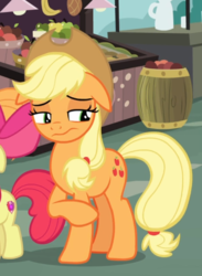 Size: 602x824 | Tagged: safe, screencap, applejack, earth pony, pony, g4, the perfect pear, bow, cropped, female, filly, floppy ears, hair bow, lidded eyes, mare, offscreen character, raised hoof, sad, siblings, sisters, solo focus, wavy mouth