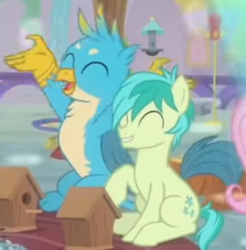 Size: 405x411 | Tagged: safe, screencap, gallus, sandbar, earth pony, griffon, pony, g4, teacher of the month (episode), spoiler:interseason shorts, cropped, duo focus, male, paws, youtube link