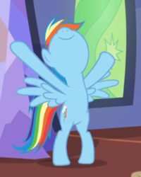 Size: 399x500 | Tagged: safe, screencap, rainbow dash, pegasus, pony, g4, top bolt, bipedal, cropped, female, mare, smiling, spread wings, stretching, wings