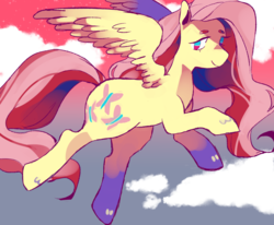 Size: 1280x1057 | Tagged: safe, artist:milky-rabbit, fluttershy, pegasus, pony, g4, cloud, cute, female, flying, gradient background, shyabetes, sky, solo