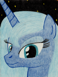 Size: 2457x3252 | Tagged: safe, artist:aracage, princess luna, alicorn, pony, g4, bust, female, high res, looking at you, pencil drawing, portrait, s1 luna, smiling, solo, stars, traditional art