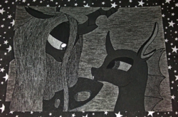 Size: 2000x1315 | Tagged: safe, artist:aracage, queen chrysalis, changeling, changeling queen, g4, female, grayscale, lidded eyes, looking at each other, monochrome, quadrupedal, smiling, stars, traditional art