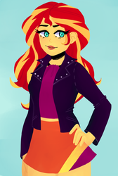 Size: 680x1012 | Tagged: safe, artist:yum3mi, sunset shimmer, human, equestria girls, g4, beautiful, blue background, clothes, colored pupils, cute, female, hand on hip, humanized, jacket, leather, leather jacket, miniskirt, no more ponies at source, shimmerbetes, simple background, skirt, solo