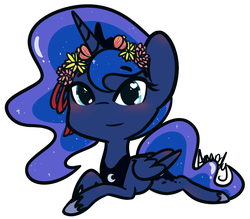 Size: 1276x1119 | Tagged: safe, artist:lilliesinthegarden, princess luna, alicorn, pony, g4, blushing, chibi, crown, cute, female, floral head wreath, flower, heart eyes, hoof shoes, jewelry, lunabetes, peytral, prone, regalia, simple background, solo, white background, wingding eyes