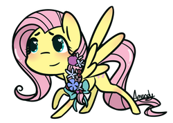 Size: 1280x913 | Tagged: safe, artist:lilliesinthegarden, fluttershy, pegasus, pony, g4, blushing, bow, chibi, cute, female, flower, flower in hair, hair bow, heart eyes, shyabetes, simple background, solo, white background, wingding eyes