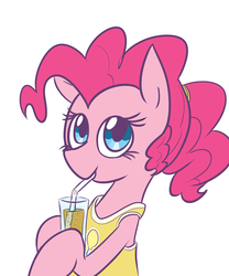Size: 1250x1500 | Tagged: safe, artist:gintoki23, pinkie pie, earth pony, pony, g4, alternate hairstyle, clothes, cute, diapinkes, drink, drinking, female, hoof hold, juice, orange juice, ponytail, simple background, solo, straw, tank top, white background