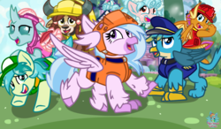 Size: 2051x1198 | Tagged: safe, artist:rainbow eevee, cozy glow, gallus, ocellus, sandbar, silverstream, smolder, yona, changedling, changeling, classical hippogriff, dragon, griffon, hippogriff, pony, yak, g4, clothes, costume, crossover, female, filly, grass, hat, male, open mouth, parody, paw patrol, school of friendship, smiling, student six, underhoof