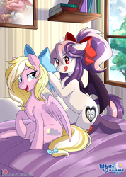Size: 2855x4000 | Tagged: safe, artist:xwhitedreamsx, oc, oc only, oc:bay breeze, oc:sweet velvet, bat pony, pegasus, pony, bat pony oc, bed, book, bow, chest fluff, clothes, ear fluff, female, floppy ears, hair bow, mare, open mouth, partially open wings, patreon, patreon logo, signature, smiling, socks, tail, tail bow, tongue out, wings