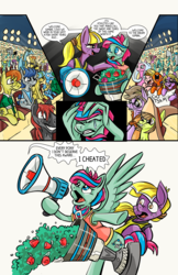 Size: 1650x2550 | Tagged: safe, artist:lytlethelemur, oc, oc:gimbal lock, oc:lamare oaten, dragon, earth pony, pegasus, pony, unicorn, comic:ponies in the outfield, buckball, clothes, comic, crying, female, male, mare, megaphone, stadium, tank top, trophy