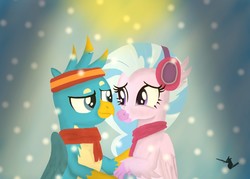 Size: 1280x914 | Tagged: safe, artist:bistmantis, gallus, silverstream, classical hippogriff, griffon, hippogriff, best gift ever, g4, clothes, earmuffs, female, looking at each other, male, scarf, ship:gallstream, shipping, smiling, snow, snowfall, straight, winter, winter outfit