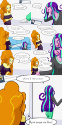 Size: 2000x4000 | Tagged: safe, artist:jake heritagu, adagio dazzle, aria blaze, comic:aria's archives, equestria girls, g4, alcoholism, clothes, comic, couch, dialogue, female, hangover, hoodie, socks, speech bubble
