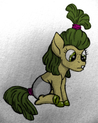 Size: 1986x2500 | Tagged: safe, artist:thr3eguess3s, oc, oc only, oc:apple core, pony, baby, baby pony, colored hooves, diaper, female, filly, freckles, mixed media, offspring, parent:big macintosh, parent:limestone pie, parents:limemac, solo, tooth, topknot
