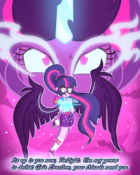 Size: 1200x1500 | Tagged: dead source, safe, artist:wubcakeva, sci-twi, twilight sparkle, equestria girls, g4, my little pony equestria girls: legend of everfree, camp everfree outfits, clothes, dialogue, female, glasses, midnight sparkle, solo