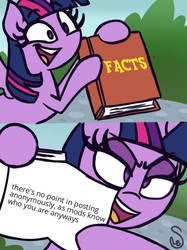 Size: 760x1015 | Tagged: safe, artist:quarium edits, twilight sparkle, alicorn, pony, derpibooru, g4, background pony, ed edd n eddy, exploitable meme, facts, meme, meta, twilight sparkle (alicorn), twilight's fact book