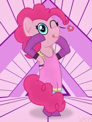 Size: 1536x2048 | Tagged: safe, artist:colorcodetheartist, pinkie pie, g4, abstract background, bra strap, clothes, crossover, dancing, dress, female, me!me!me!, one eye closed, panties, poofy mane, socks, solo, standing upright, tongue out, underwear, why, wink