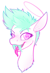 Size: 1456x2105 | Tagged: safe, artist:mynder, oc, oc only, oc:passel, pony, bust, cheek fluff, eyebrows, eyelashes, fangs, freckles, halo, lidded eyes, long tongue, looking at you, open mouth, portrait, simple background, smiling, solo, tongue out, transparent background