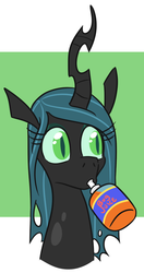 Size: 465x878 | Tagged: source needed, safe, artist:jargon scott, queen chrysalis, changeling, changeling queen, g4, bug juice, bust, drinking, female, juice, juice box, simple background, solo