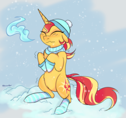 Size: 1700x1600 | Tagged: safe, artist:puddingskinmcgee, sunset shimmer, pony, unicorn, g4, adorable distress, clothes, cold, cute, eyes closed, female, floppy ears, freezing, hat, mare, mittens, scarf, shivering, signature, snow, snowfall, socks, solo, striped socks, winter