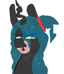 Size: 681x791 | Tagged: safe, artist:rudy, derpibooru exclusive, queen chrysalis, changeling, changeling queen, g4, >:|, bust, colored sketch, eye clipping through hair, eyebrows, fangs, female, hairband, looking at you, ponytail, portrait, round ears, simple background, sketch, slit pupils, solo, teeth, tongue out, transparent background