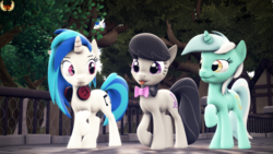 Size: 3840x2160 | Tagged: safe, artist:loveslove, dj pon-3, lyra heartstrings, octavia melody, vinyl scratch, pony, g4, 3d, bowtie, female, headphones, high res, mare, relaxed, source filmmaker, stroller, tongue out, tree