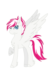 Size: 899x1200 | Tagged: safe, artist:t-aroutachiikun, oc, oc only, oc:cherry flames, pegasus, pony, chest fluff, ear fluff, feathered fetlocks, female, looking at you, mare, one eye closed, raised hoof, simple background, solo, spread wings, tail, transparent background, two toned mane, two toned tail, wings, wink