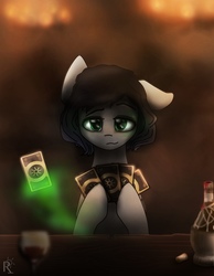 Size: 788x1013 | Tagged: safe, artist:radioaxi, oc, oc only, pony, alcohol, card, glass, green eyes, magic, solo, table, wine, wine bottle, wine glass, witcher