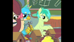 Size: 1280x720 | Tagged: safe, screencap, fluttershy, gallus, sandbar, yona, earth pony, griffon, pony, g4, teacher of the month (episode), spoiler:interseason shorts, animated, cropped, gif, hammer, male, smiling