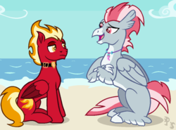 Size: 972x720 | Tagged: safe, artist:peregrinstaraptor, oc, oc only, oc:sunfyre, oc:valour flame, classical hippogriff, hippogriff, pegasus, pony, beach, male, stallion