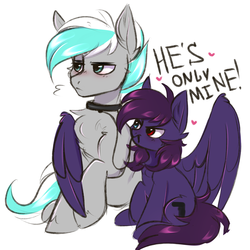 Size: 3000x3000 | Tagged: safe, artist:pesty_skillengton, oc, oc only, oc:pestyskillengton, oc:silvernote, pegasus, pony, chest fluff, couple, cute, female, high res, jealous, love, male, mare, size difference, stallion, text