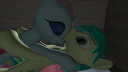 Size: 1920x1080 | Tagged: safe, artist:andrescortez7, ocellus, sandbar, changedling, changeling, earth pony, pony, g4, 3d, bed, female, hug, interspecies, male, misleading thumbnail, ship:ocelbar, shipping, straight