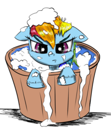 Size: 1500x1724 | Tagged: safe, artist:chopsticks, rainbow dash, pegasus, pony, g4, adorable face, angry, bath, bath time, bubble bath, bucket, cheek fluff, cute, dashabetes, ears back, female, filly, filly rainbow dash, foam, grumpy, grumpy dash, looking at you, madorable, simple background, soap, solo, unamused, unshorn fetlocks, wet mane, younger