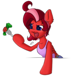 Size: 543x540 | Tagged: safe, artist:elppa, oc, oc only, oc:adena emberheart, pony, clothes, food, simple background, solo, tank top, transparent background