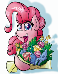 Size: 2362x3000 | Tagged: safe, artist:mandy1412, pinkie pie, earth pony, pony, g4, female, flower, high res, looking at you, mare, open mouth