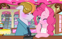 Size: 1256x800 | Tagged: safe, artist:snowqueen31, copper top, pinkie pie, pony, g4, apron, base used, blushing, clothes, female, food, male, pancakes, rule 63, ship:pinkietop, shipping, straight