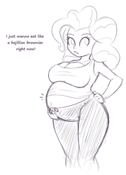 Size: 1390x1935 | Tagged: safe, artist:funble, pinkie pie, equestria girls, g4, belly, big belly, breasts, clothes, dialogue, female, monochrome, pants, preggy pie, pregnant, pregnant equestria girls, sketch, solo