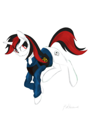Size: 1440x2039 | Tagged: artist needed, source needed, safe, oc, oc only, oc:blackjack, pony, unicorn, fallout equestria, fallout equestria: project horizons, clothes, cutie mark, fanfic, fanfic art, female, hooves, horn, jumpsuit, mare, security armor, simple background, solo, vault security armor, vault suit, white background