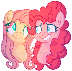 Size: 1706x1664 | Tagged: safe, artist:kimmyartmlp, fluttershy, pinkie pie, earth pony, pegasus, pony, g4, bust, cute, diapinkes, female, lesbian, portrait, ship:flutterpie, shipping, shyabetes, simple background, transparent background