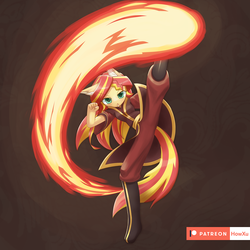 Size: 1000x1000 | Tagged: safe, artist:howxu, sunset shimmer, anthro, plantigrade anthro, :o, abstract background, anime style, avatar the last airbender, azula, boots, clothes, cosplay, costume, cute, ear fluff, eyebrows, eyebrows visible through hair, female, fiery shimmer, fire, fire nation, firebending, floating eyebrows, floppy ears, glare, kicking, looking at you, martial arts, open mouth, patreon, patreon logo, shimmerbetes, shoes, solo, the legend of korra, zuko