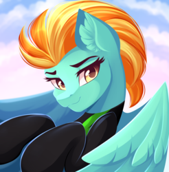 Size: 3445x3499 | Tagged: safe, artist:airiniblock, lightning dust, pegasus, pony, rcf community, g4, the washouts (episode), bust, clothes, cloud, ear fluff, female, flying, high res, looking at you, mare, sky, solo, spread wings, uniform, washouts uniform, wings