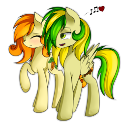 Size: 2000x2000 | Tagged: safe, artist:tl1211, carrot top, golden harvest, oc, oc:wooden toaster, pegasus, pony, g4, blushing, carrot, cool, cute, female, food, handsome, high res, love, male, music notes, rule 63, rule63betes, shy, smiling, straight, toaster