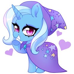 Size: 1455x1463 | Tagged: safe, artist:techycutie, trixie, pony, unicorn, g4, cape, chibi, clothes, cute, female, hat, heart, looking at you, solo, trixie's cape, trixie's hat