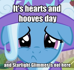 Size: 920x868 | Tagged: safe, artist:afkrobot, trixie, pony, unicorn, g4, bronybait, cape, caption, clothes, female, floppy ears, frown, hat, hearts and hooves day, holiday, image macro, implied lesbian, implied shipping, implied starlight glimmer, implied startrix, looking at you, mare, meme, sad, shipping, solo, teary eyes, text, trixie's cape, trixie's hat