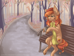 Size: 3312x2512 | Tagged: safe, artist:senpai, oc, oc only, earth pony, pony, autumn, bench, clothes, female, high res, lidded eyes, mare, mug, park, park bench, scarf, solo, tree
