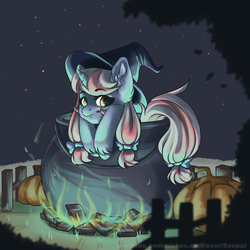 Size: 2312x2312 | Tagged: safe, artist:senpai, oc, oc only, pony, unicorn, bow, cauldron, clothes, costume, female, fence, fire, green fire, hair bow, halloween, halloween costume, hat, high res, holiday, mare, pumpkin, solo, stars, tail bow, witch hat, ych result