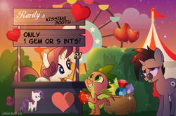 Size: 1280x843 | Tagged: safe, artist:lennonblack, rarity, spike, oc, oc:lennon black, dragon, pony, unicorn, g4, :o, annoyed, bag, booth, cute, exclamation point, eye contact, eyeroll, eyes on the prize, female, ferris wheel, fire ruby, frown, gem, grin, gritted teeth, implied lesbian, interrobang, kissing booth, looking at each other, male, mare, open mouth, pointy ponies, question mark, ruby, ship:sparity, shipping, smiling, sparkles, spikabetes, squee, stallion, straight, surprised, unamused, winged spike, wings