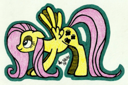 Size: 1947x1294 | Tagged: safe, artist:aracage, fluttershy, pegasus, pony, g4, female, mare, solo, stretching, traditional art